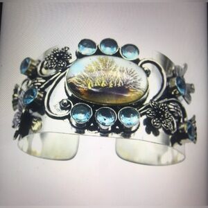 Dendritic Opal Blue Topaz Stamped 925 Sterling Silver Cuff Bracelet